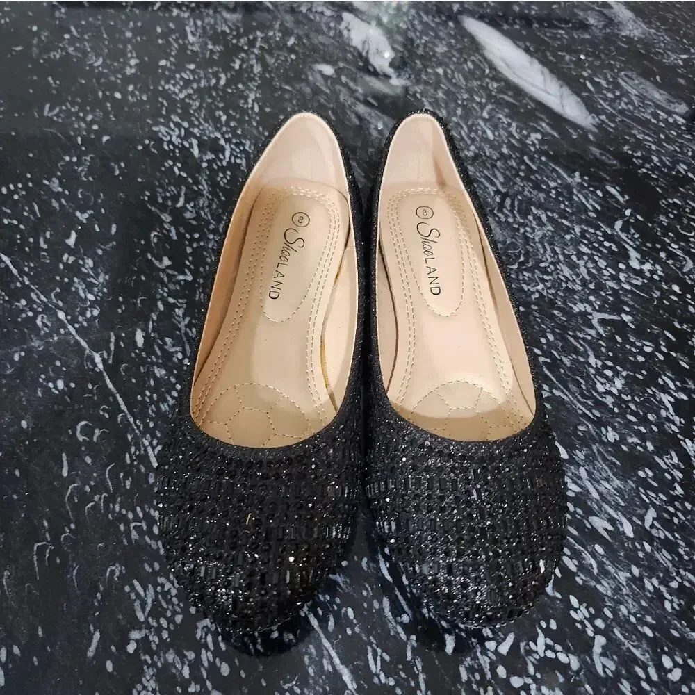 BRAND NEW SHOE LAND BLACK RHIENSTONE SLIP-ON WOMEN